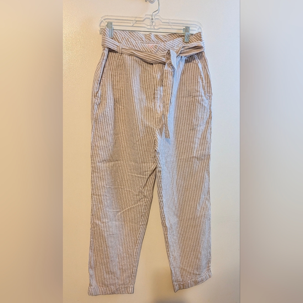 Linea Donna Linen Blend Striped Tan White Paperbag Pants M Tie Belt Coastal